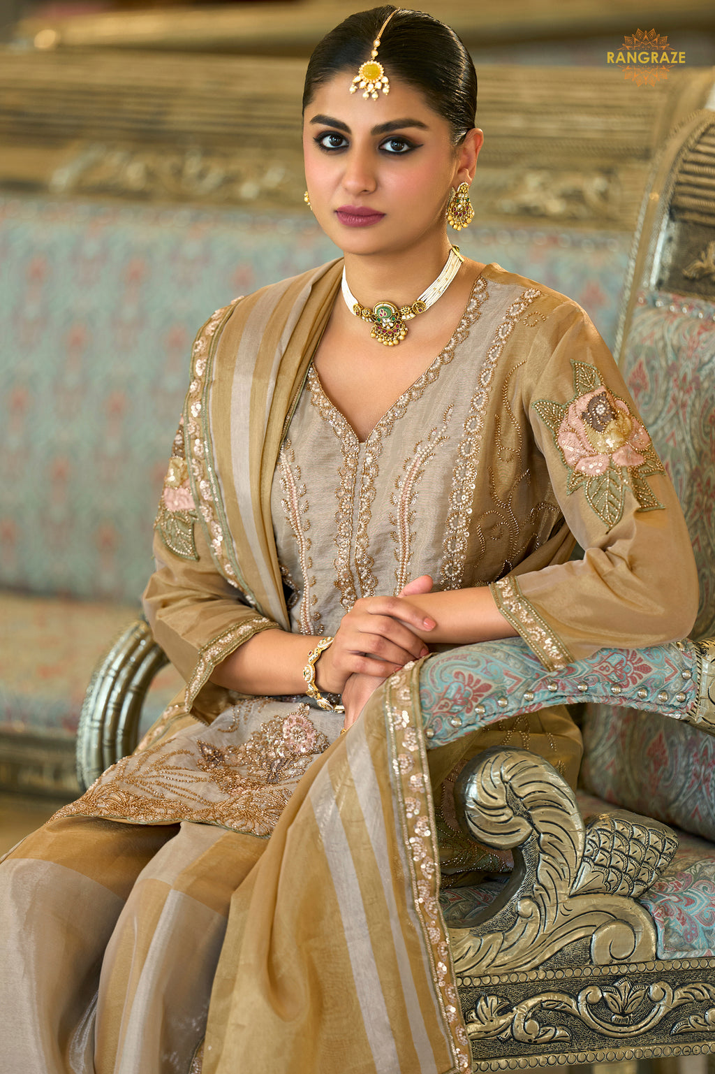 Silver And Gold Stitched Bead Work Palazzo Suit