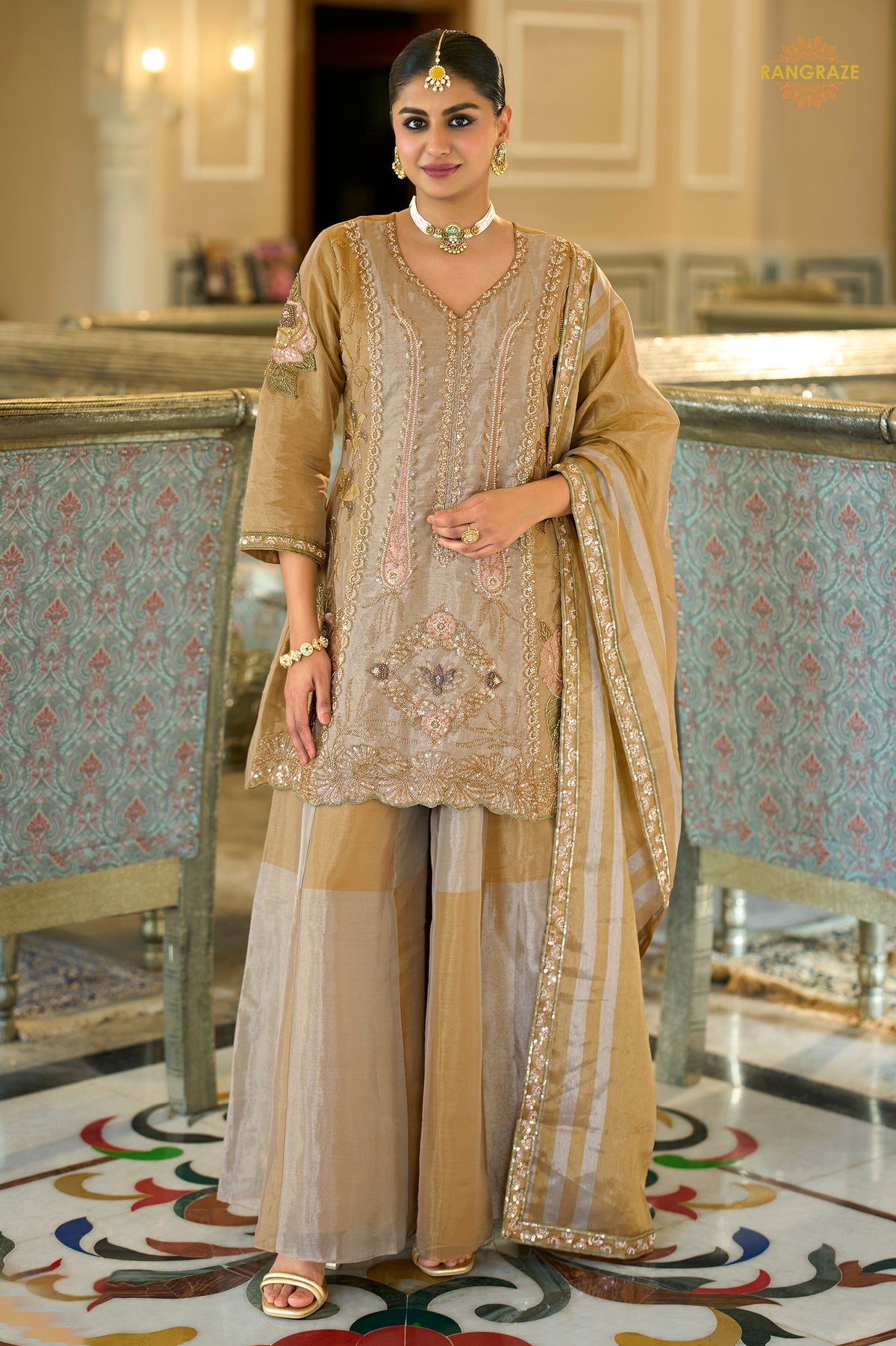Silver And Gold Stitched Bead Work Palazzo Suit