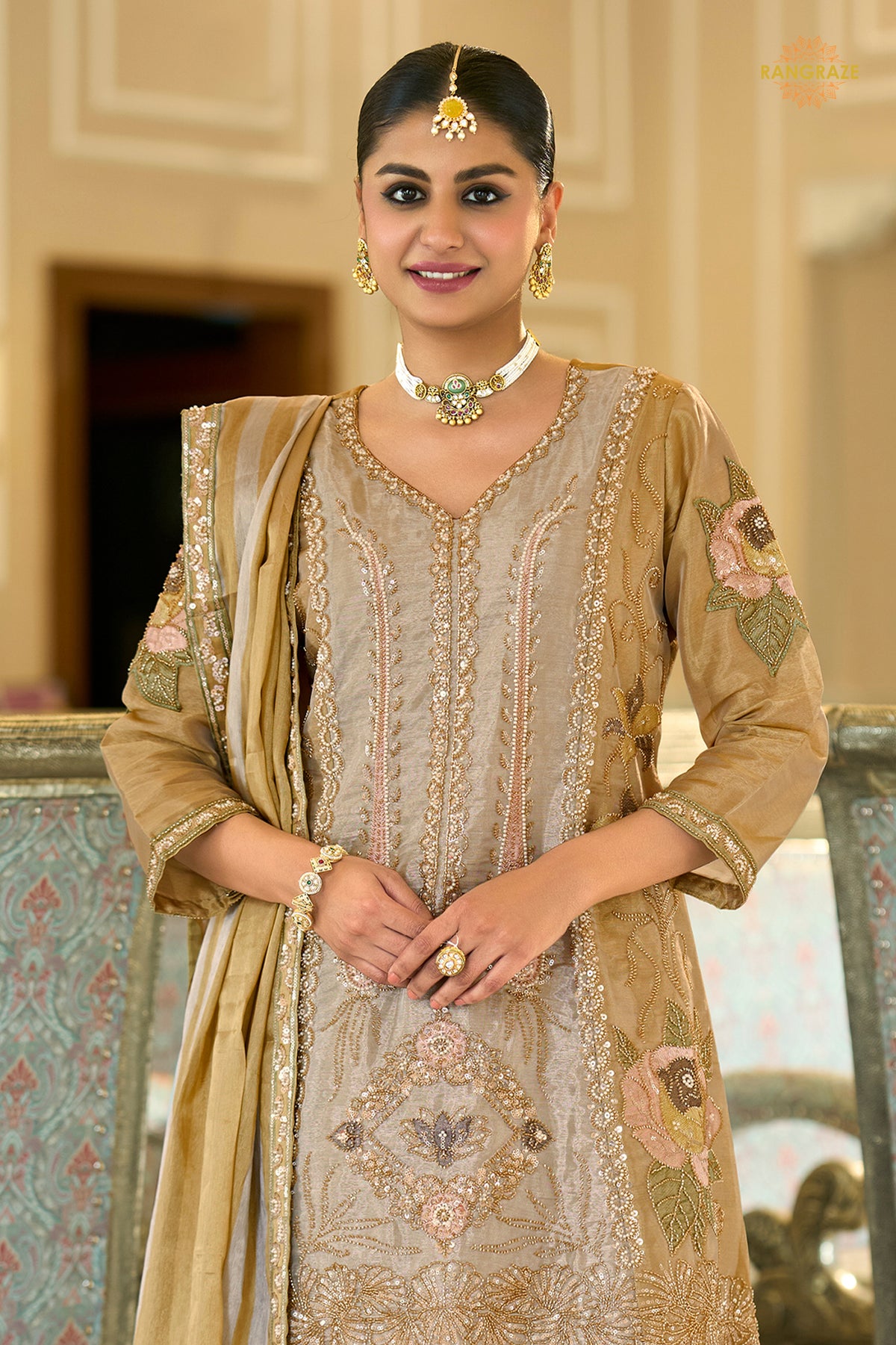 Silver And Gold Stitched Bead Work Palazzo Suit