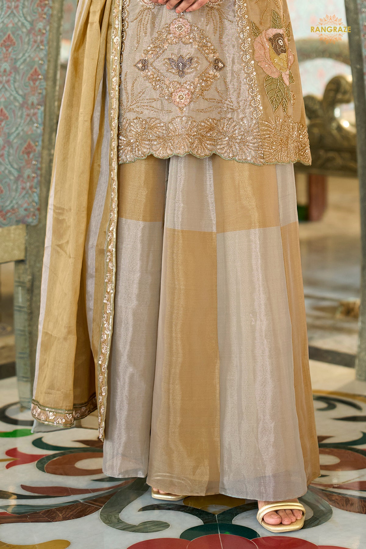 Silver And Gold Stitched Bead Work Palazzo Suit