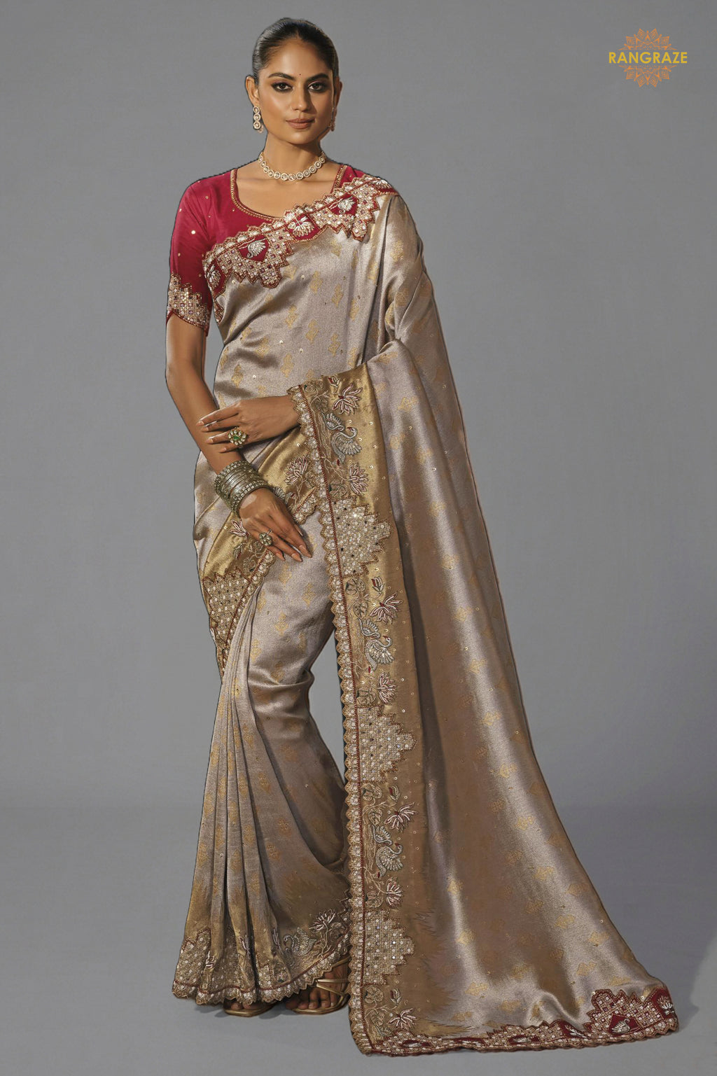 Silver Beige Embroiderd Tanchoi Silk Saree