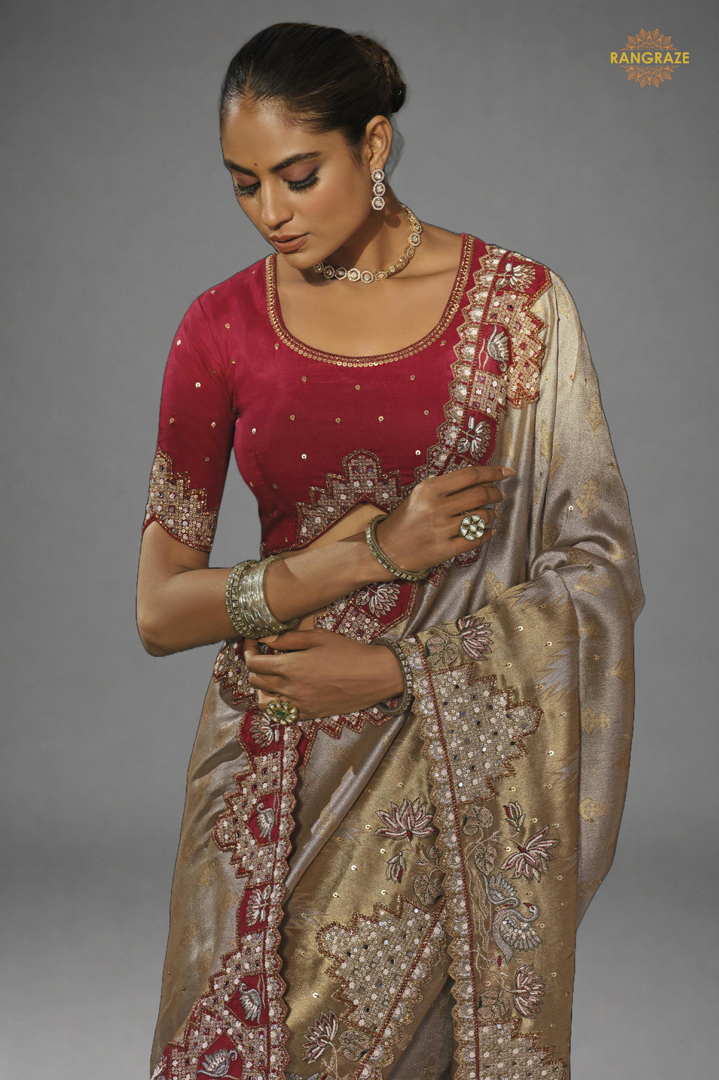 Silver Beige Embroiderd Tanchoi Silk Saree