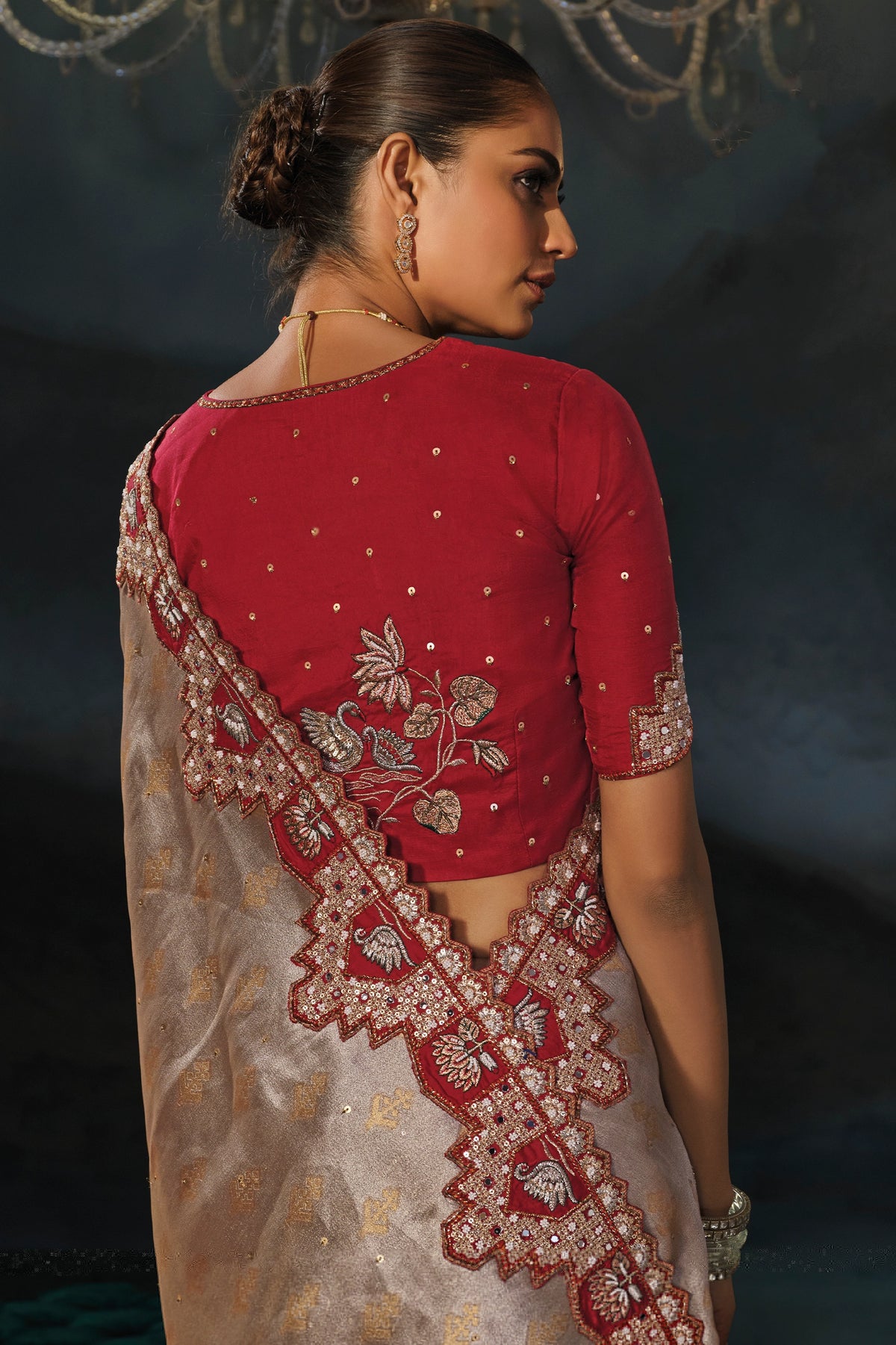 Silver Beige Embroiderd Tanchoi Silk Saree