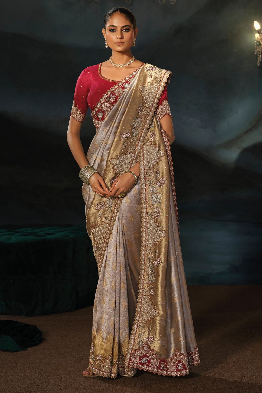 Silver Beige Embroiderd Tanchoi Silk Saree
