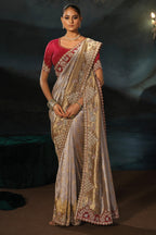 Silver Beige Embroiderd Tanchoi Silk Saree