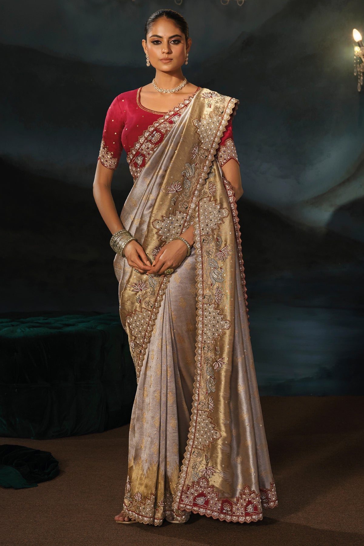 Silver Beige Embroiderd Tanchoi Silk Saree