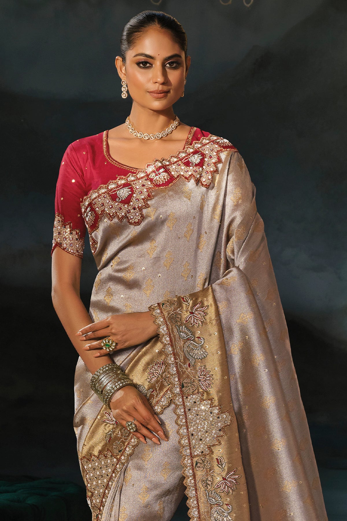 Silver Beige Embroiderd Tanchoi Silk Saree