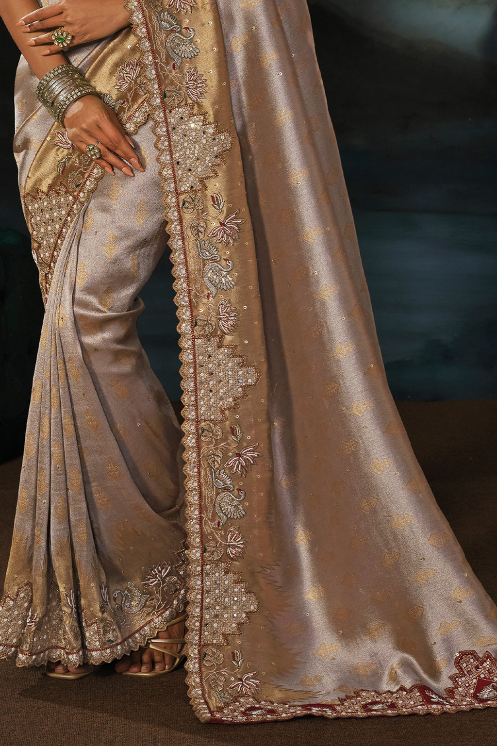 Silver Beige Embroiderd Tanchoi Silk Saree
