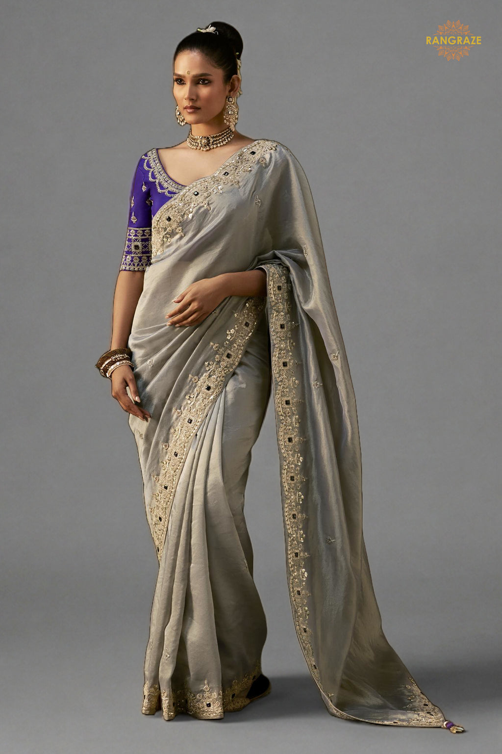 Silver Grey Embroidered Viscose Tissue Saree