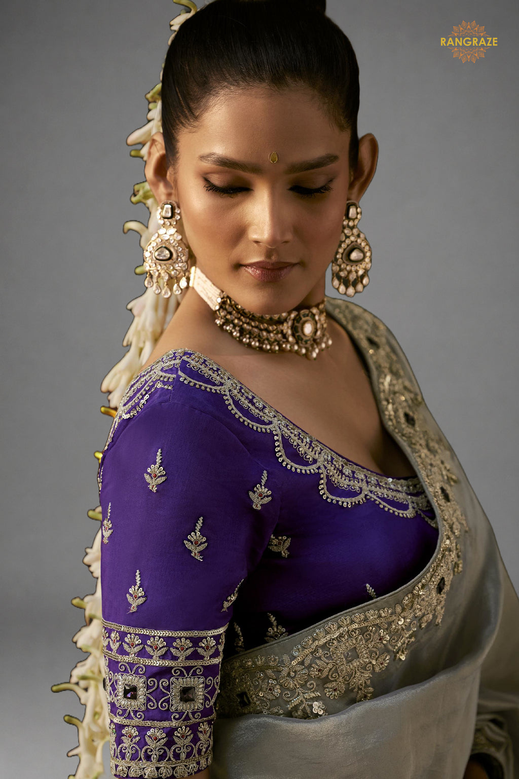 Silver Grey Embroidered Viscose Tissue Saree
