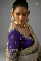 Silver Grey Embroidered Viscose Tissue Saree