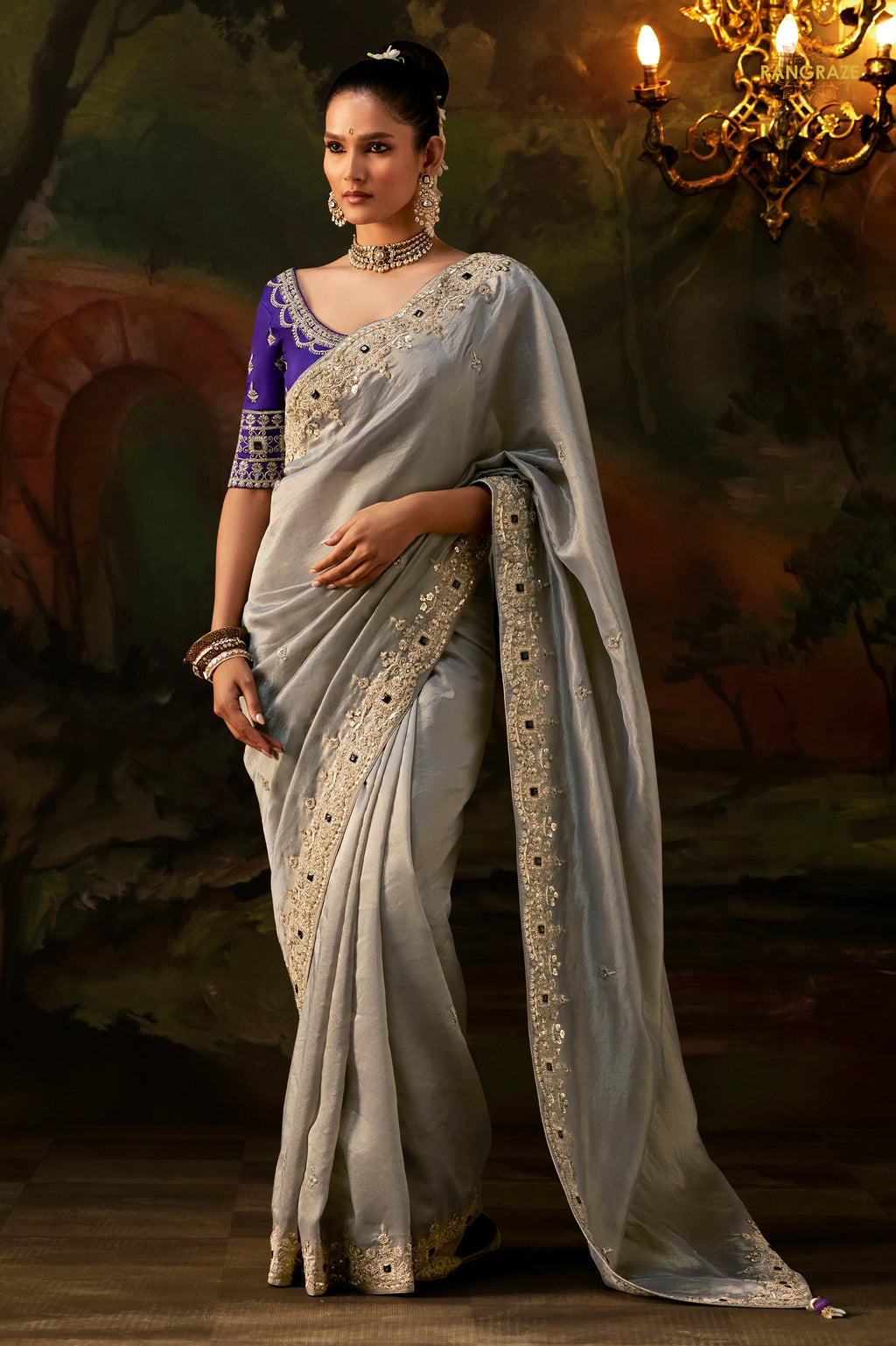 Silver Grey Embroidered Viscose Tissue Saree