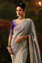 Silver Grey Embroidered Viscose Tissue Saree