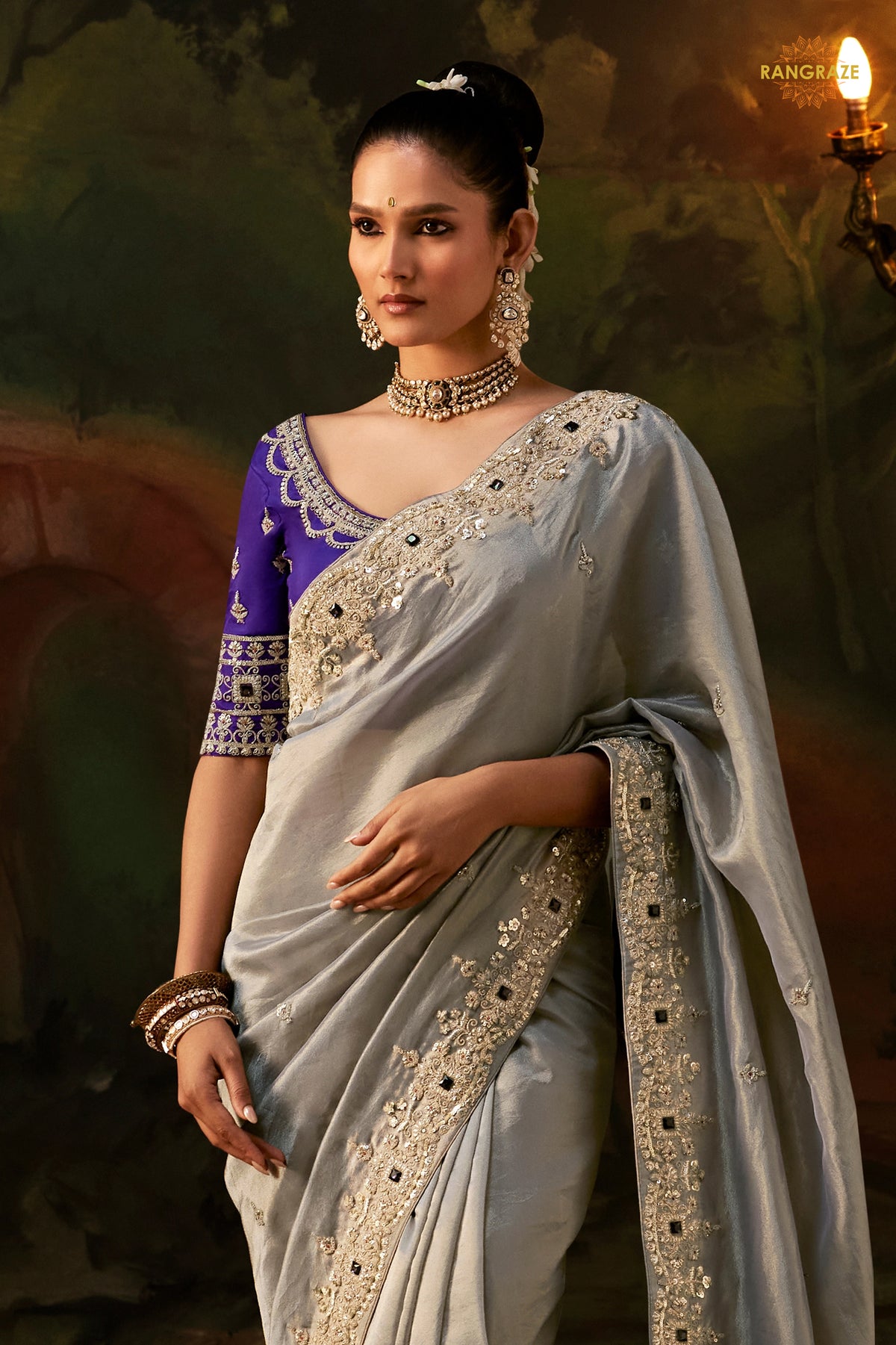 Silver Grey Embroidered Viscose Tissue Saree