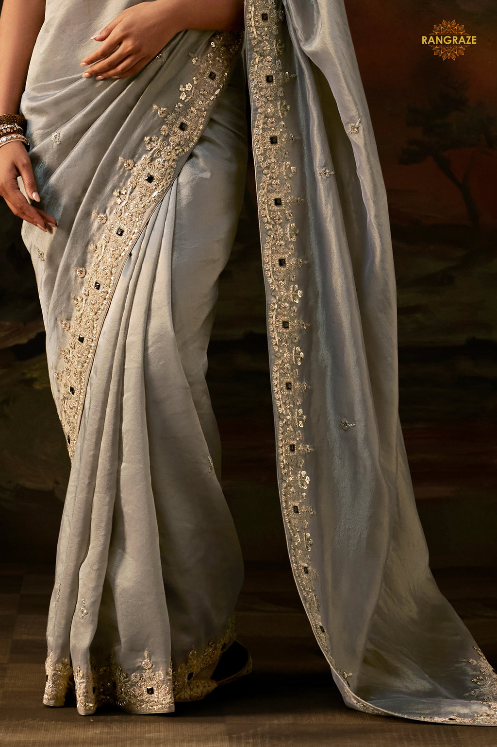 Silver Grey Embroidered Viscose Tissue Saree