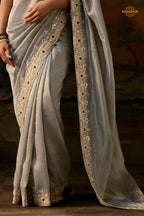 Silver Grey Embroidered Viscose Tissue Saree