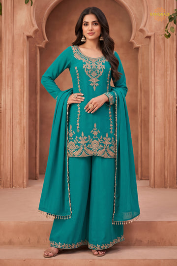 Teal Blue Stitched Beads Work Chinnon Palazzo Suit