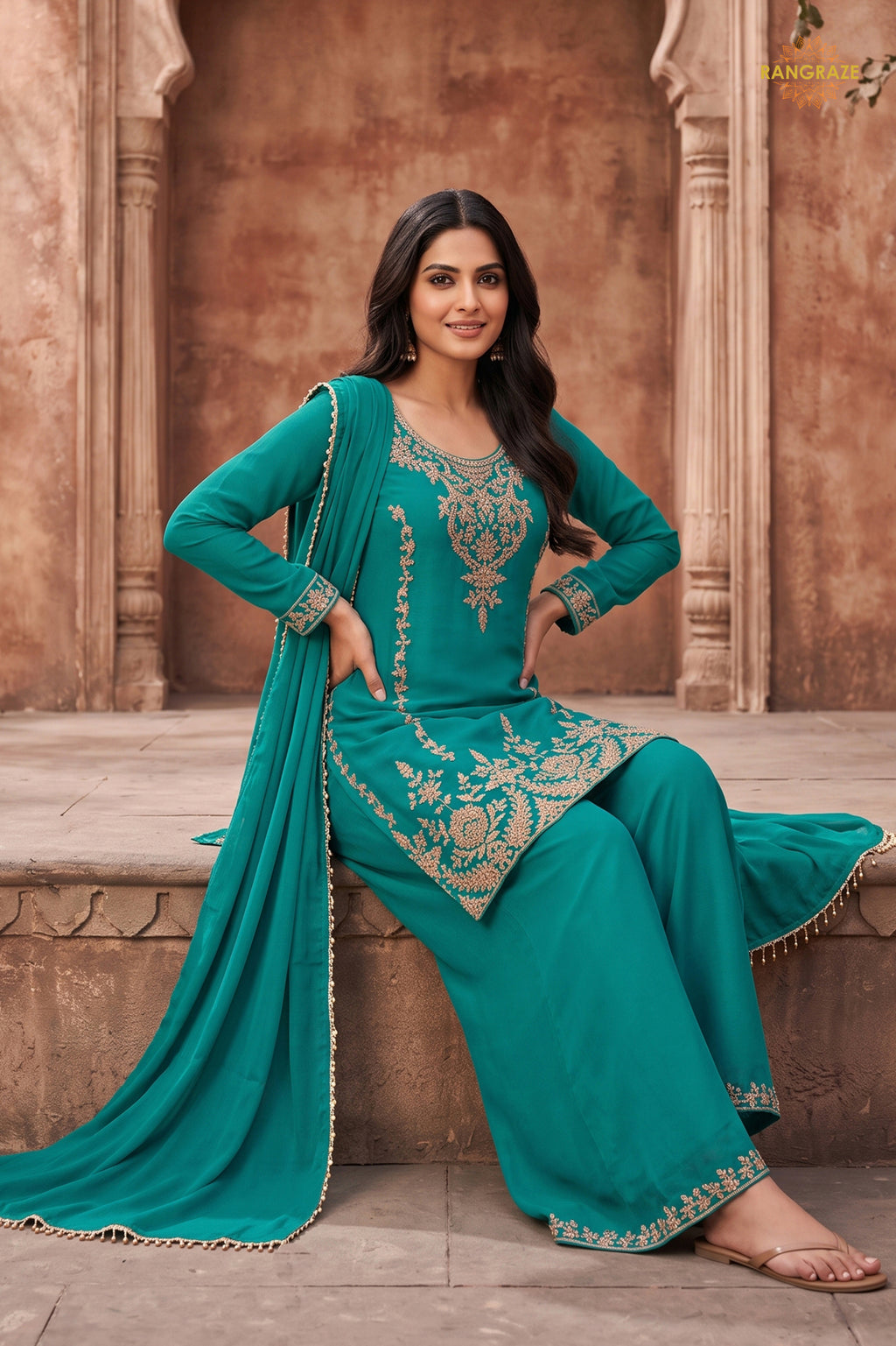 Teal Blue Stitched Beads Work Chinnon Palazzo Suit