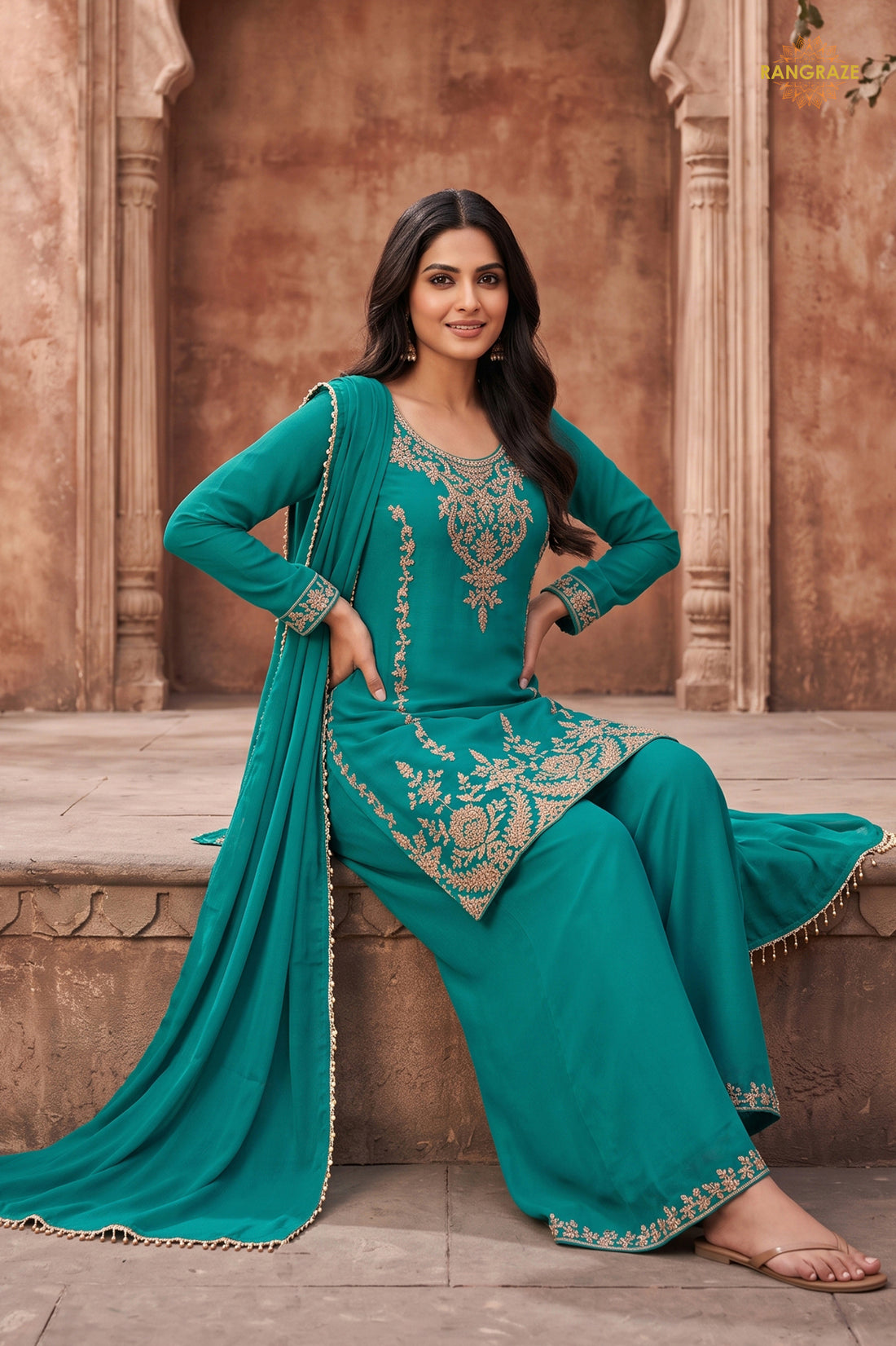Teal Blue Stitched Beads Work Chinnon Palazzo Suit