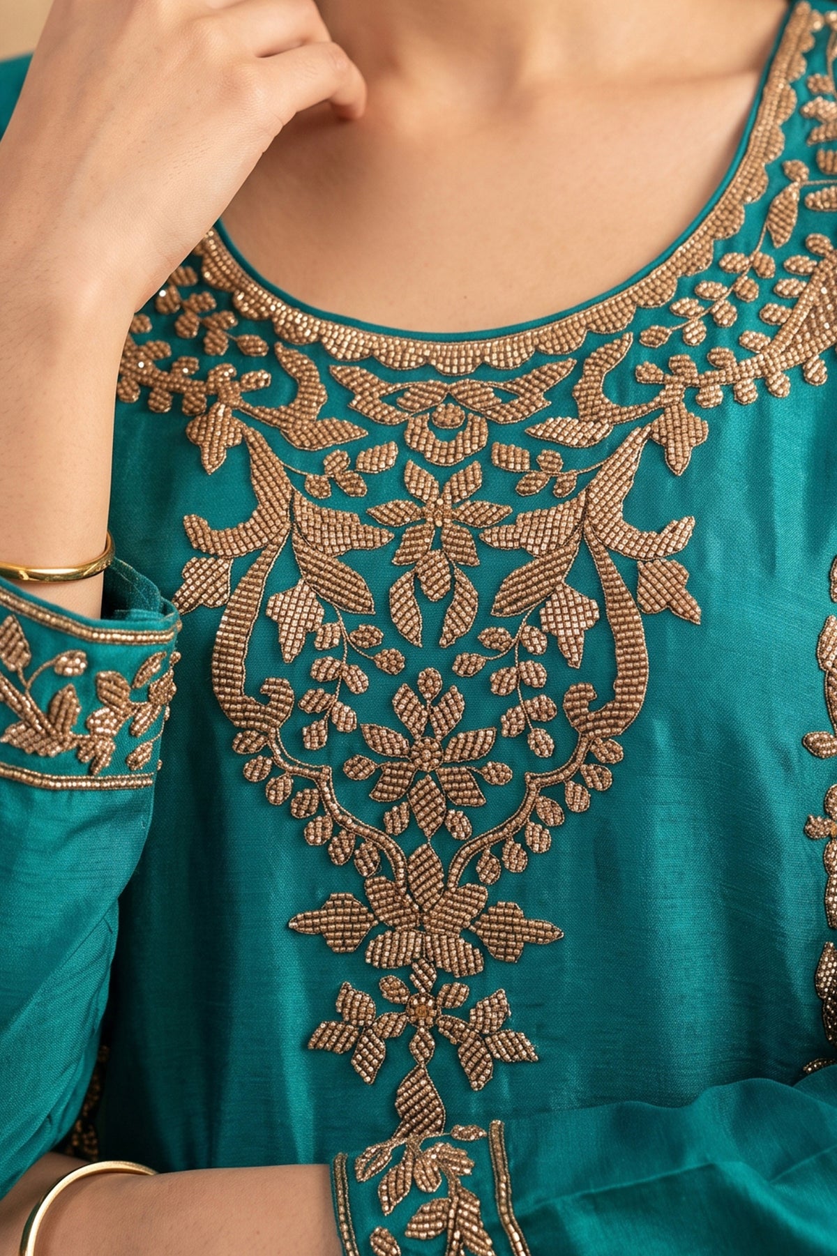 Teal Blue Stitched Beads Work Chinnon Palazzo Suit
