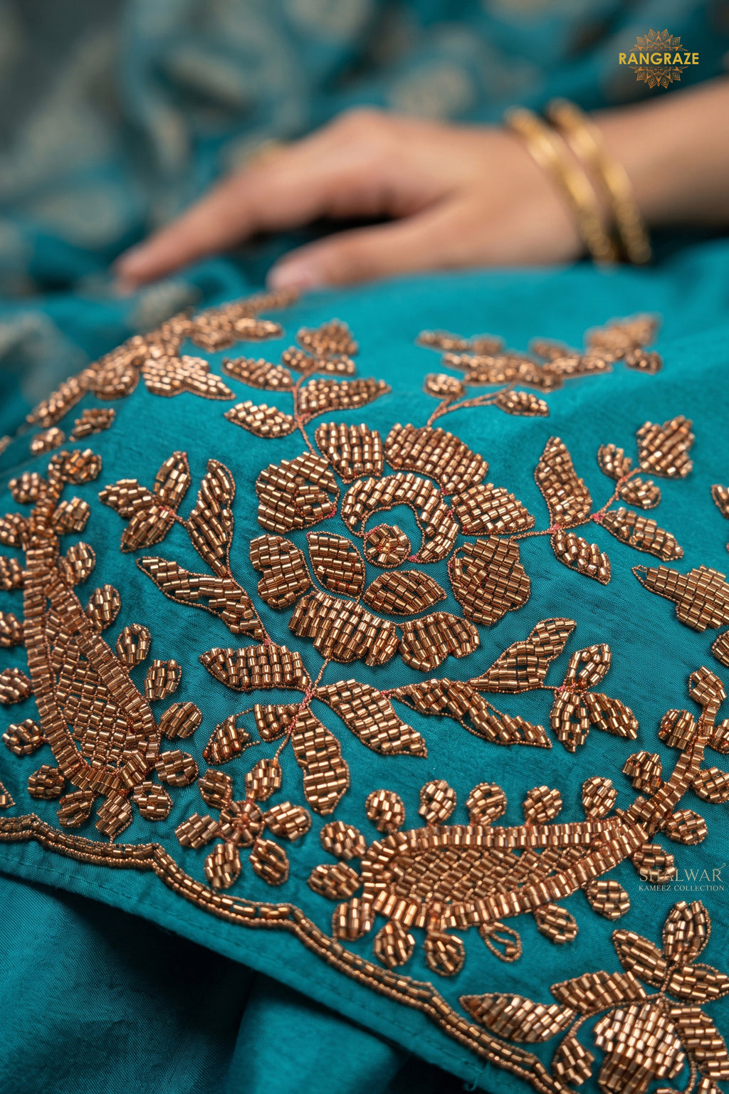 Teal Blue Stitched Beads Work Chinnon Palazzo Suit