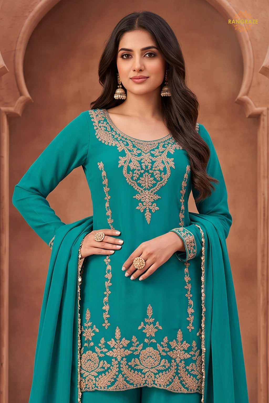 Teal Blue Stitched Beads Work Chinnon Palazzo Suit