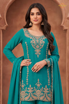 Teal Blue Stitched Beads Work Chinnon Palazzo Suit