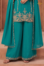 Teal Blue Stitched Beads Work Chinnon Palazzo Suit