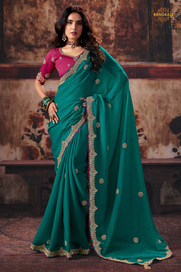 Teal Green Designer Silk Saree With Embroidered Blouse