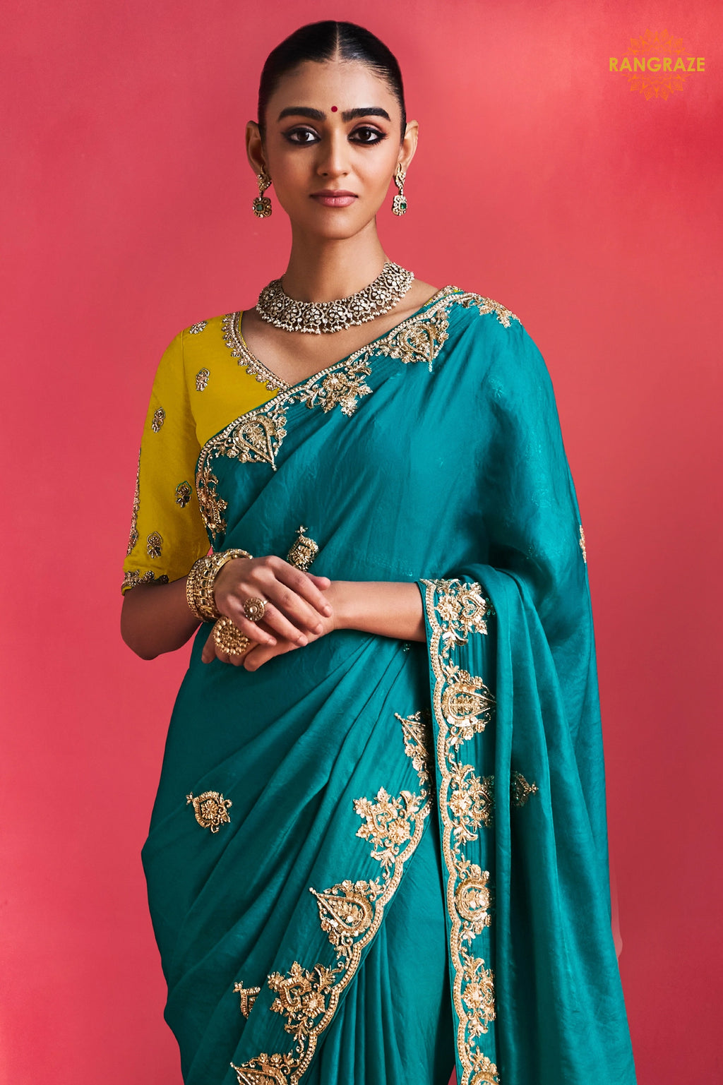 Teal Green Embroidered Silk Saree With Designer Border