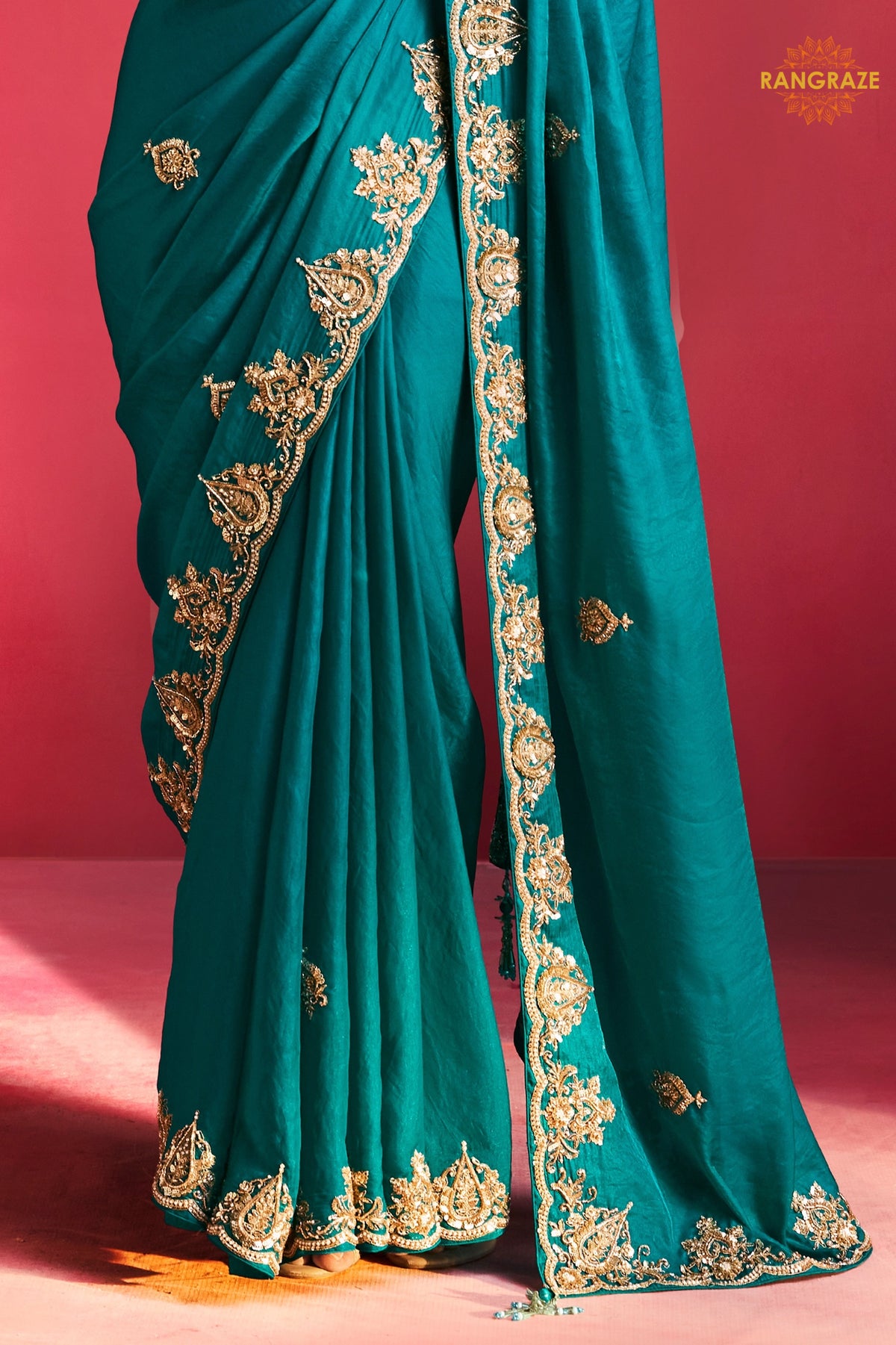 Teal Green Embroidered Silk Saree With Designer Border