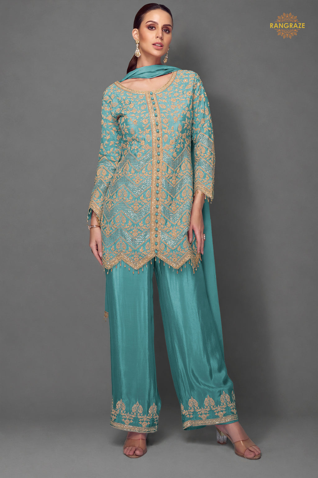 Teal Green Embroidered Stitched Chinon Suit Set