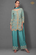 Teal Green Embroidered Stitched Chinon Suit Set