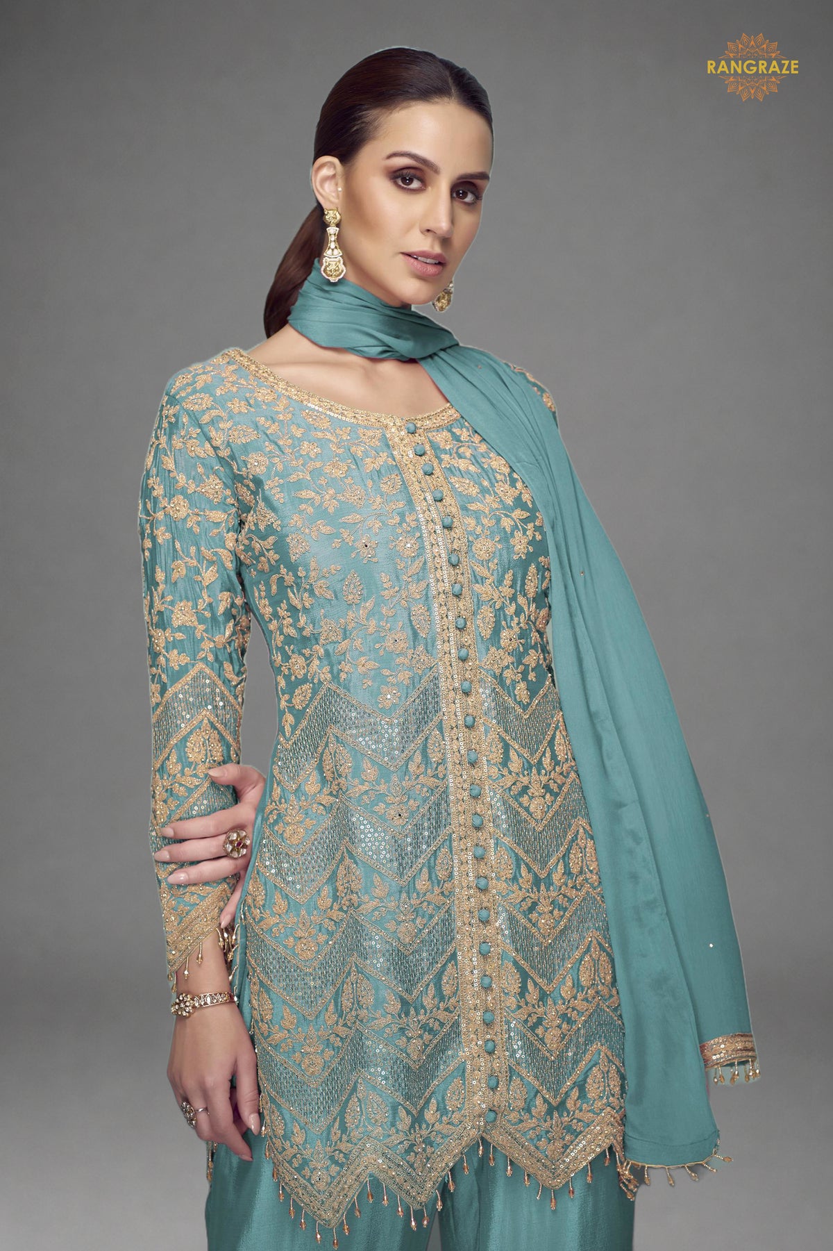 Teal Green Embroidered Stitched Chinon Suit Set