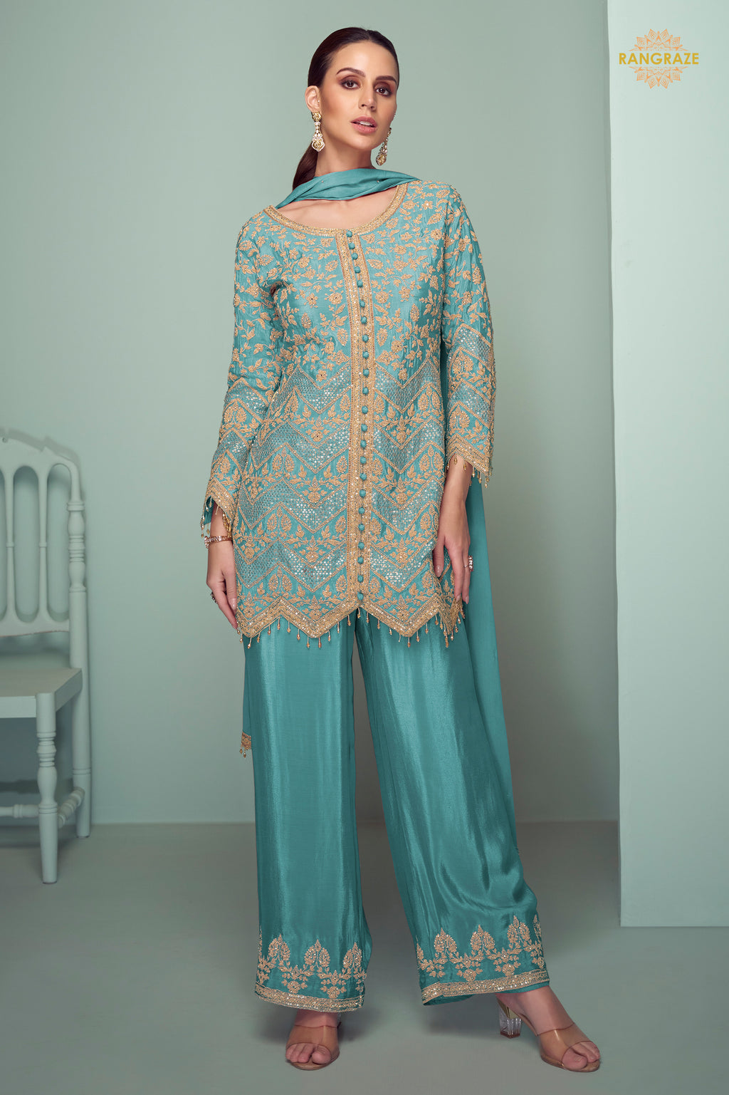 Teal Green Embroidered Stitched Chinon Suit Set