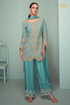 Teal Green Embroidered Stitched Chinon Suit Set
