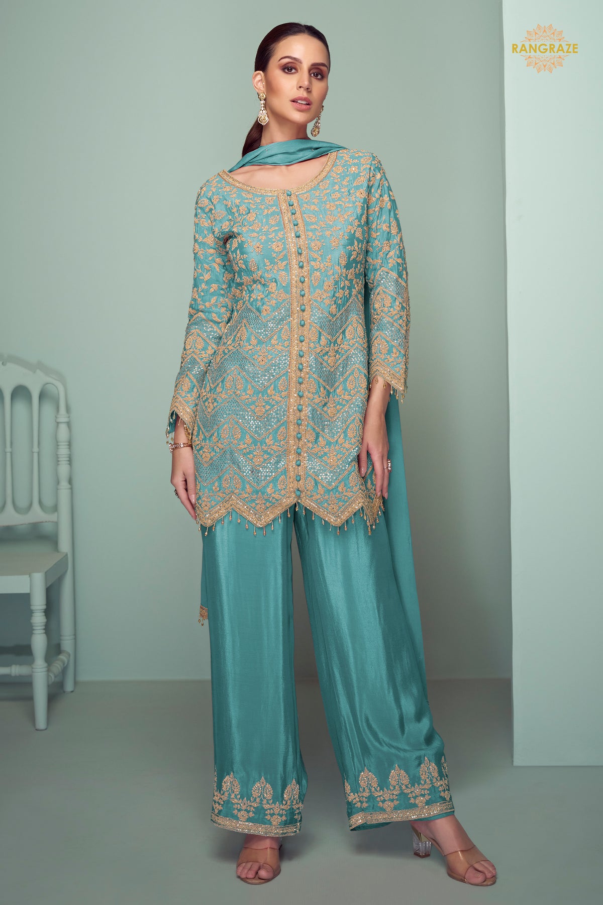 Teal Green Embroidered Stitched Chinon Suit Set