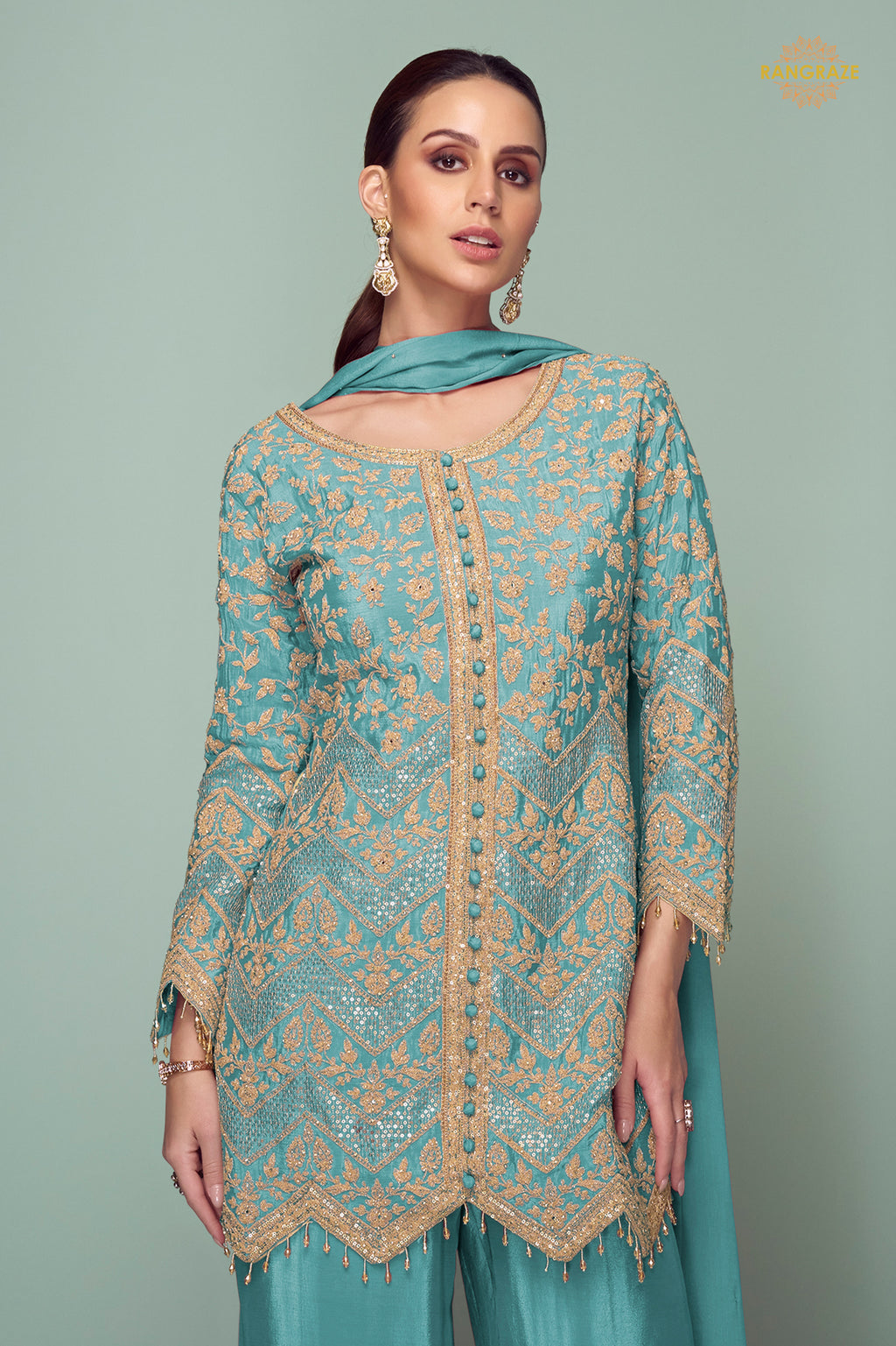 Teal Green Embroidered Stitched Chinon Suit Set