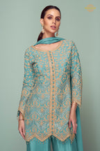 Teal Green Embroidered Stitched Chinon Suit Set