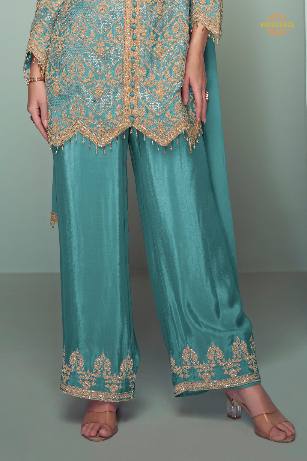 Teal Green Embroidered Stitched Chinon Suit Set