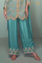 Teal Green Embroidered Stitched Chinon Suit Set