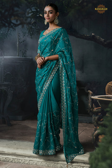 Teal Green Embroidered Tissue Organza Saree