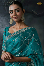 Teal Green Embroidered Tissue Organza Saree
