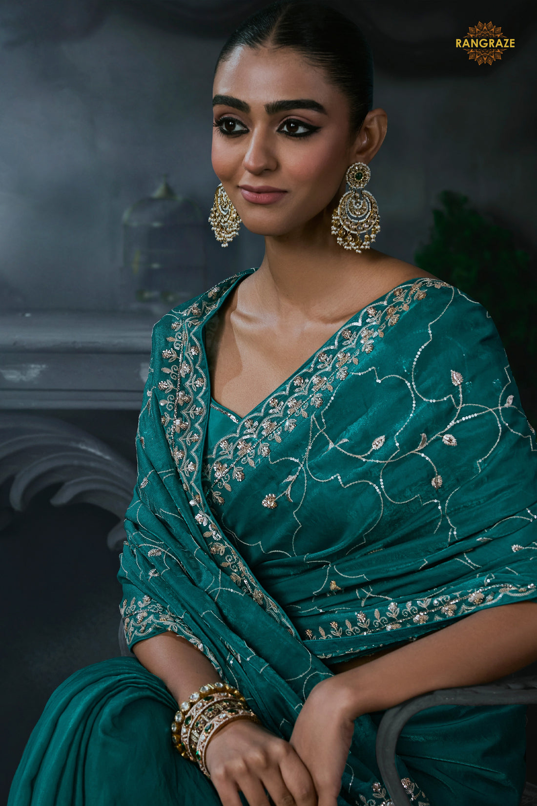 Teal Green Embroidered Tissue Organza Saree