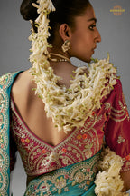 Teal Green Embroidered Viscose Tissue Saree