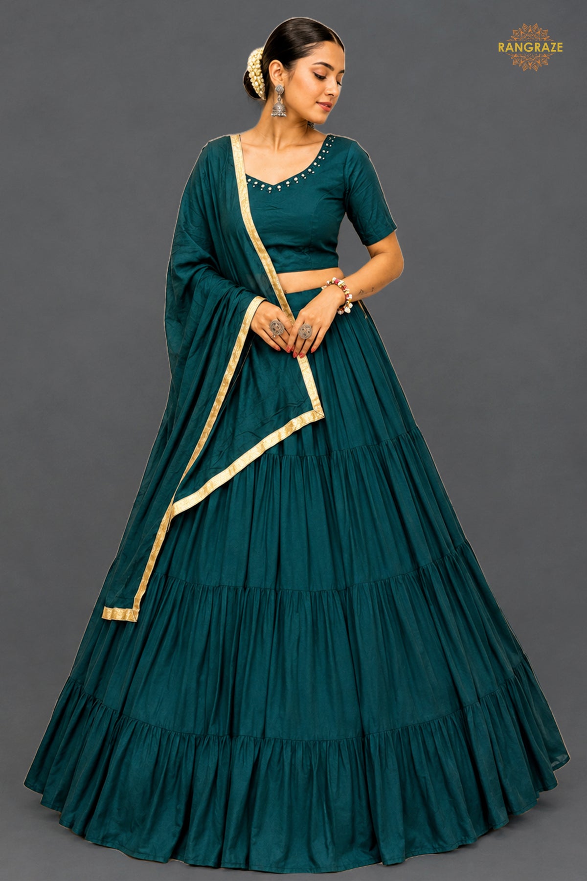Teal Green Tiered Flared Lehenga Choli with Real Mirror Work Neckline