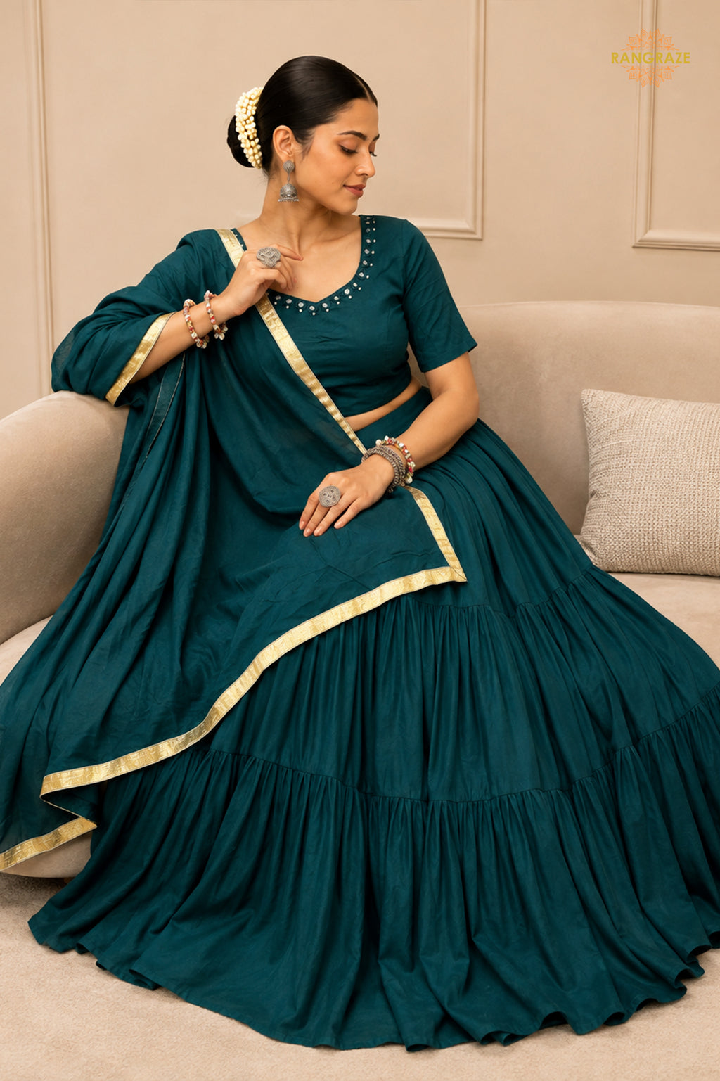 Teal Green Tiered Flared Lehenga Choli with Real Mirror Work Neckline
