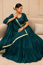 Teal Green Tiered Flared Lehenga Choli with Real Mirror Work Neckline