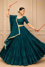 Teal Green Tiered Flared Lehenga Choli with Real Mirror Work Neckline
