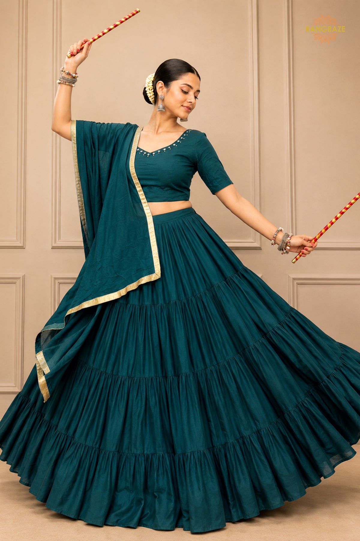 Teal Green Tiered Flared Lehenga Choli with Real Mirror Work Neckline